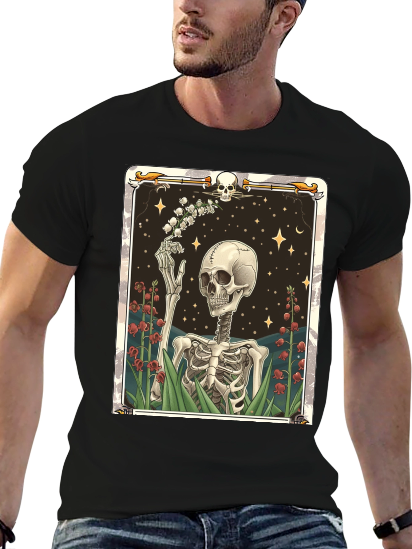 Camiseta Negra con Diseño de Esqueleto Floral