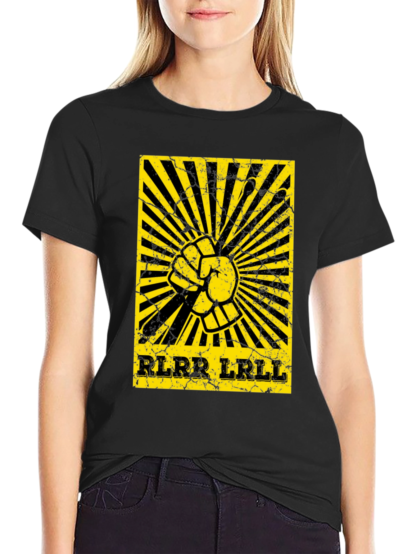 Camiseta Negra con Diseño de Ritmo de Batería Amarillo