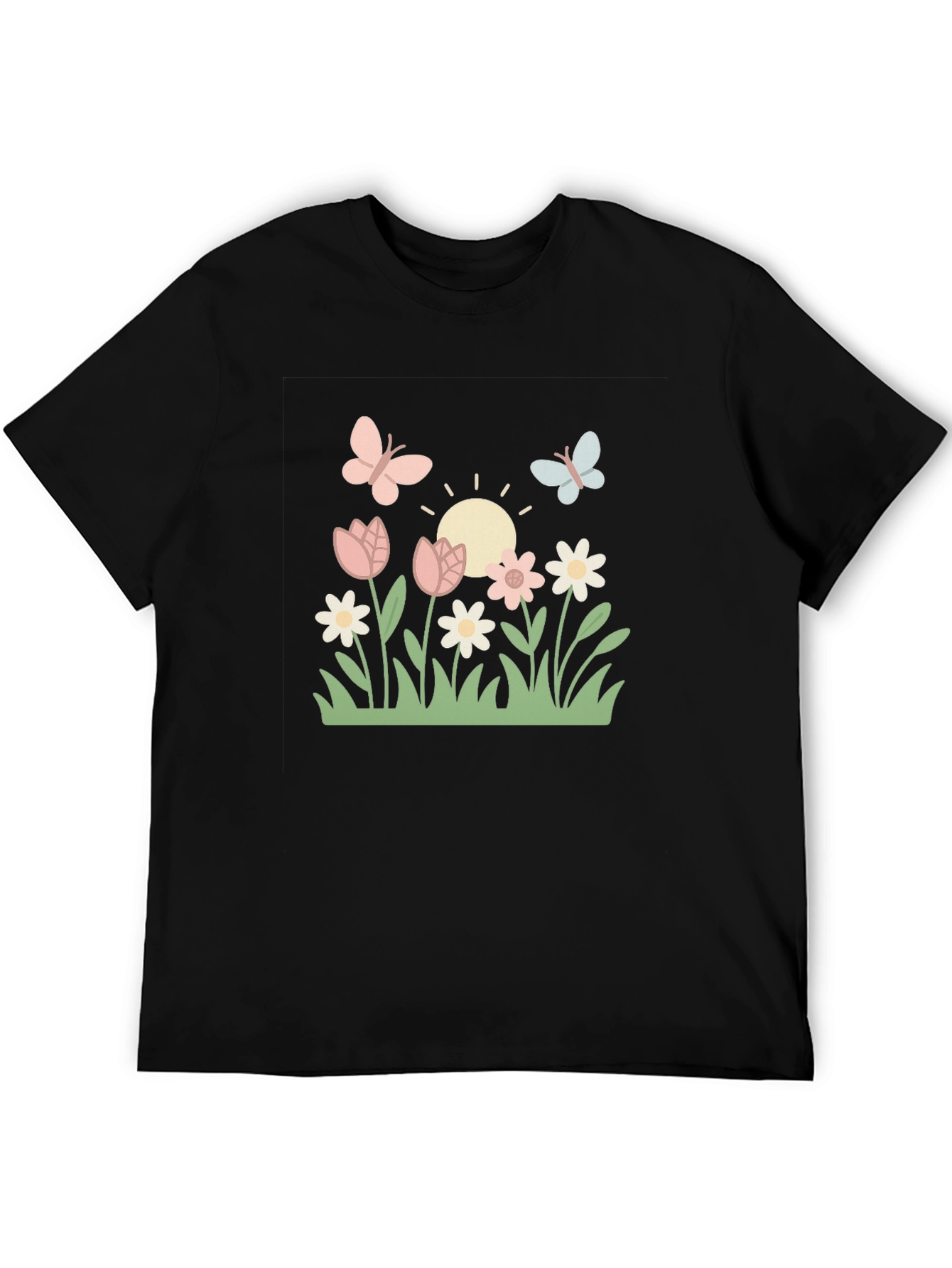 Camiseta Negra con Diseño Floral y Mariposas