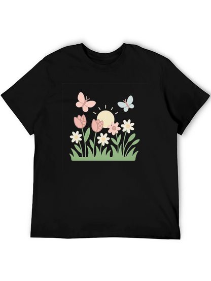 Camiseta Negra con Diseño Floral y Mariposas