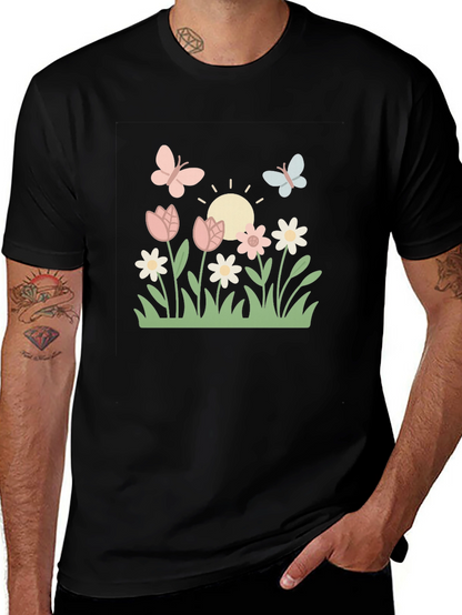 Camiseta Negra con Diseño Floral y Mariposas