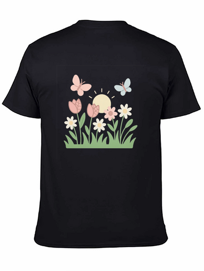 Camiseta Negra con Diseño Floral y Mariposas