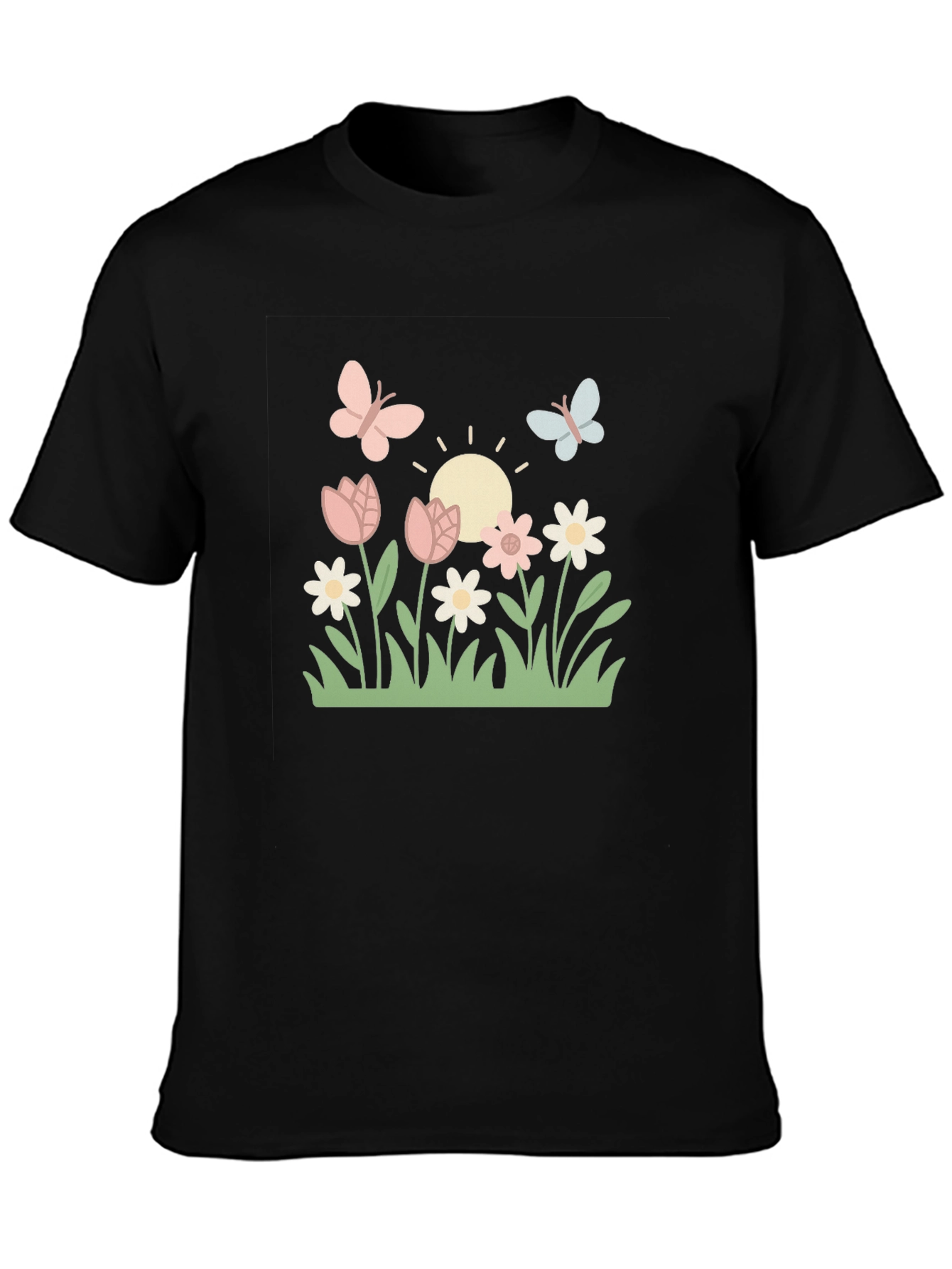 Camiseta Negra con Diseño Floral y Mariposas