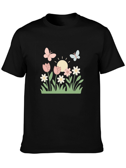 Camiseta Negra con Diseño Floral y Mariposas