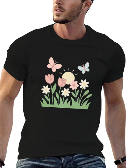 Camiseta Negra con Diseño Floral y Mariposas