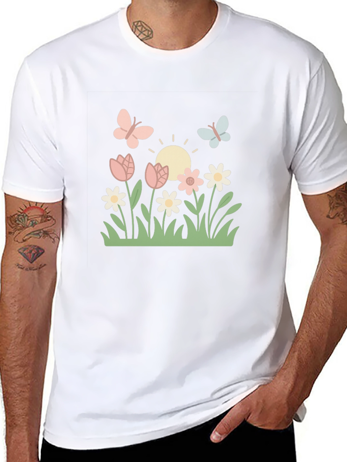 Camiseta Negra con Diseño Floral y Mariposas