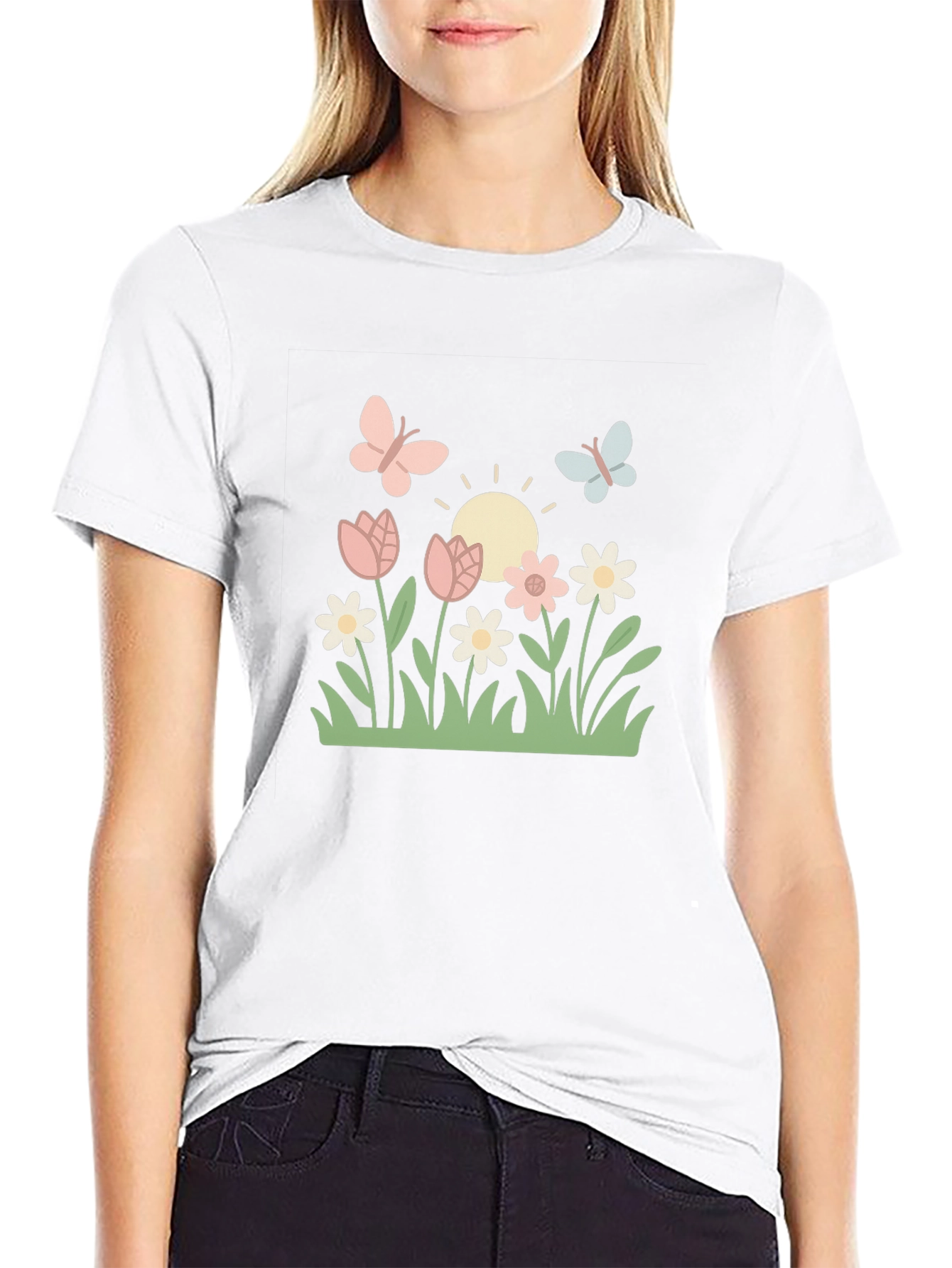 Camiseta Negra con Diseño Floral y Mariposas
