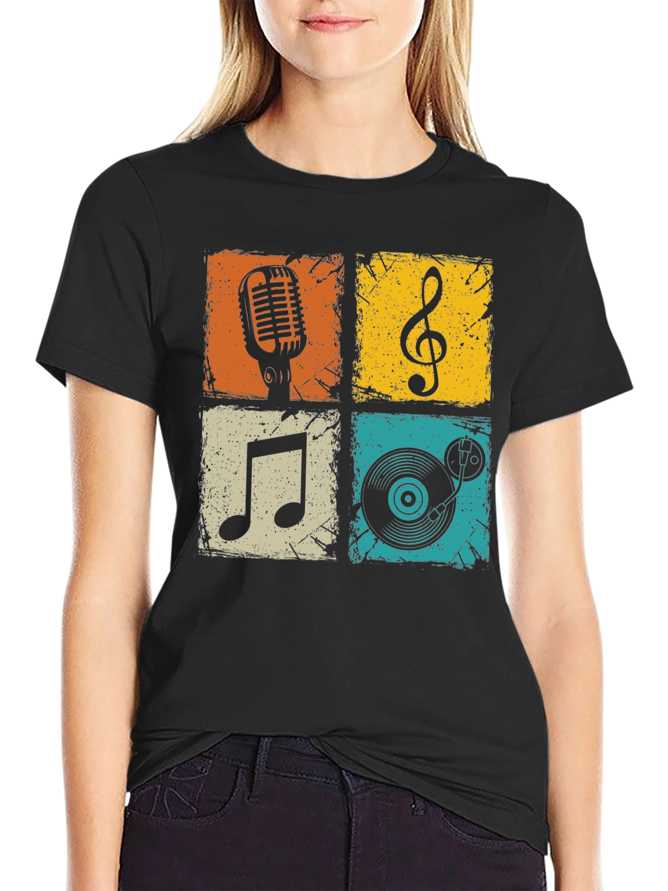 Camiseta Hombre Negra con Diseño Musical Retro