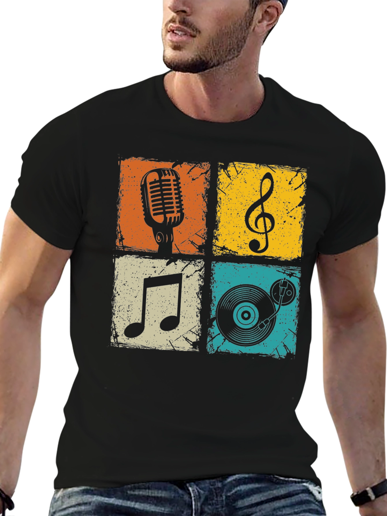 Camiseta Hombre Negra con Diseño Musical Retro