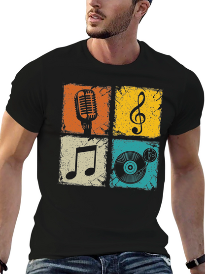 Camiseta Hombre Negra con Diseño Musical Retro