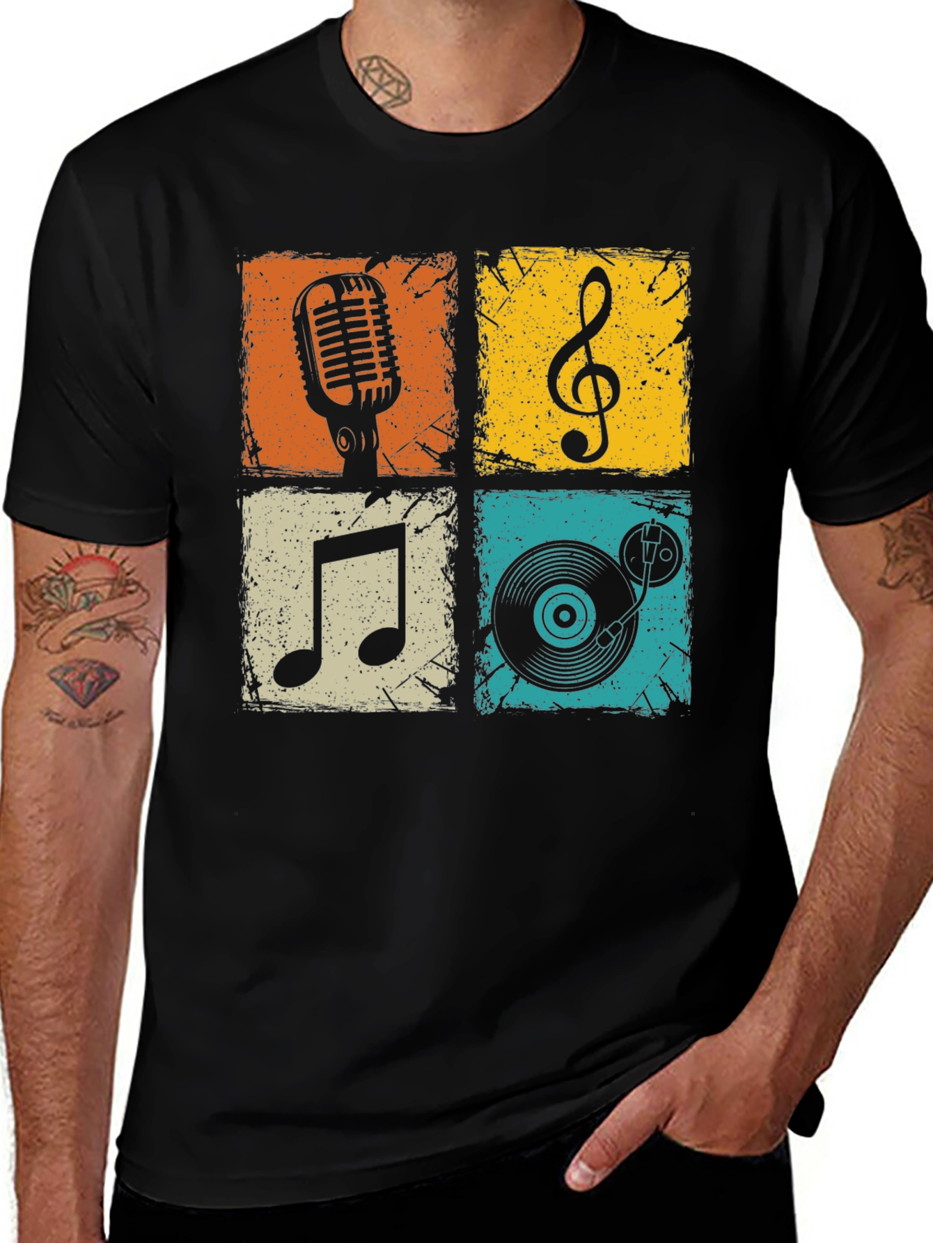 Camiseta Hombre Negra con Diseño Musical Retro