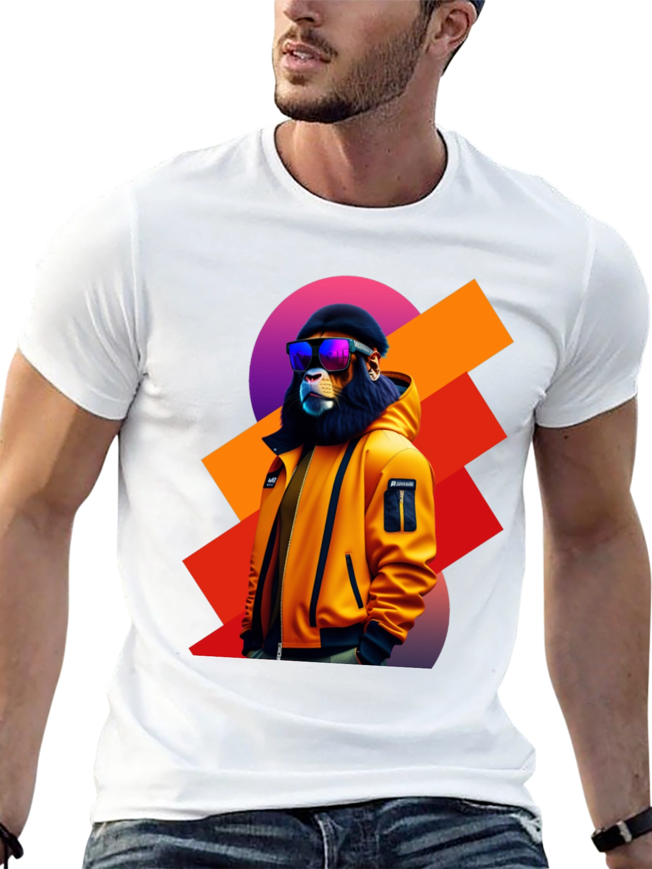 Camiseta Negra con León Urbano y Gafas de Sol