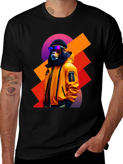Camiseta Negra con León Urbano y Gafas de Sol