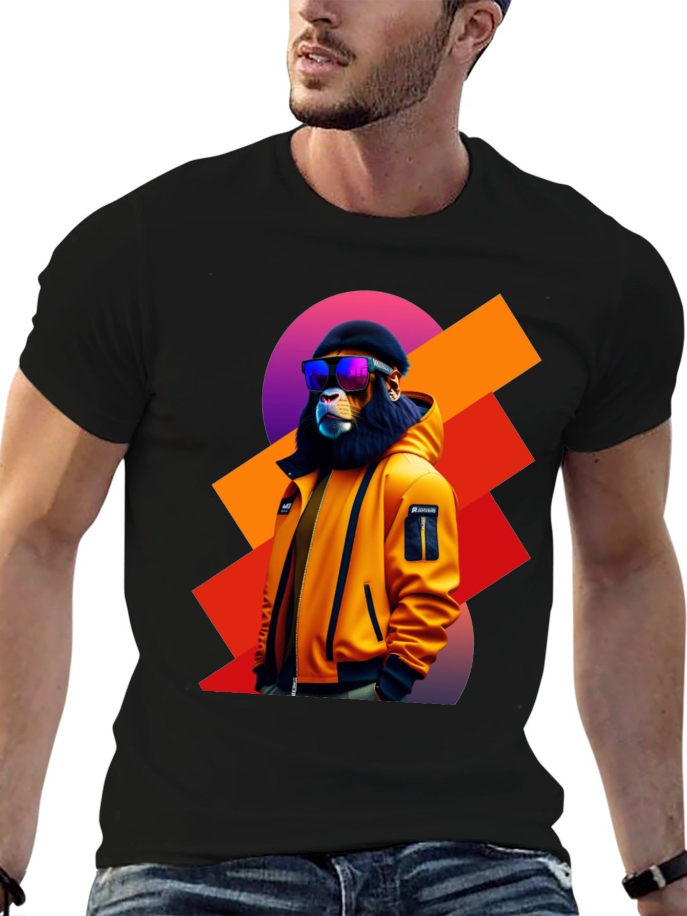 Camiseta Negra con León Urbano y Gafas de Sol