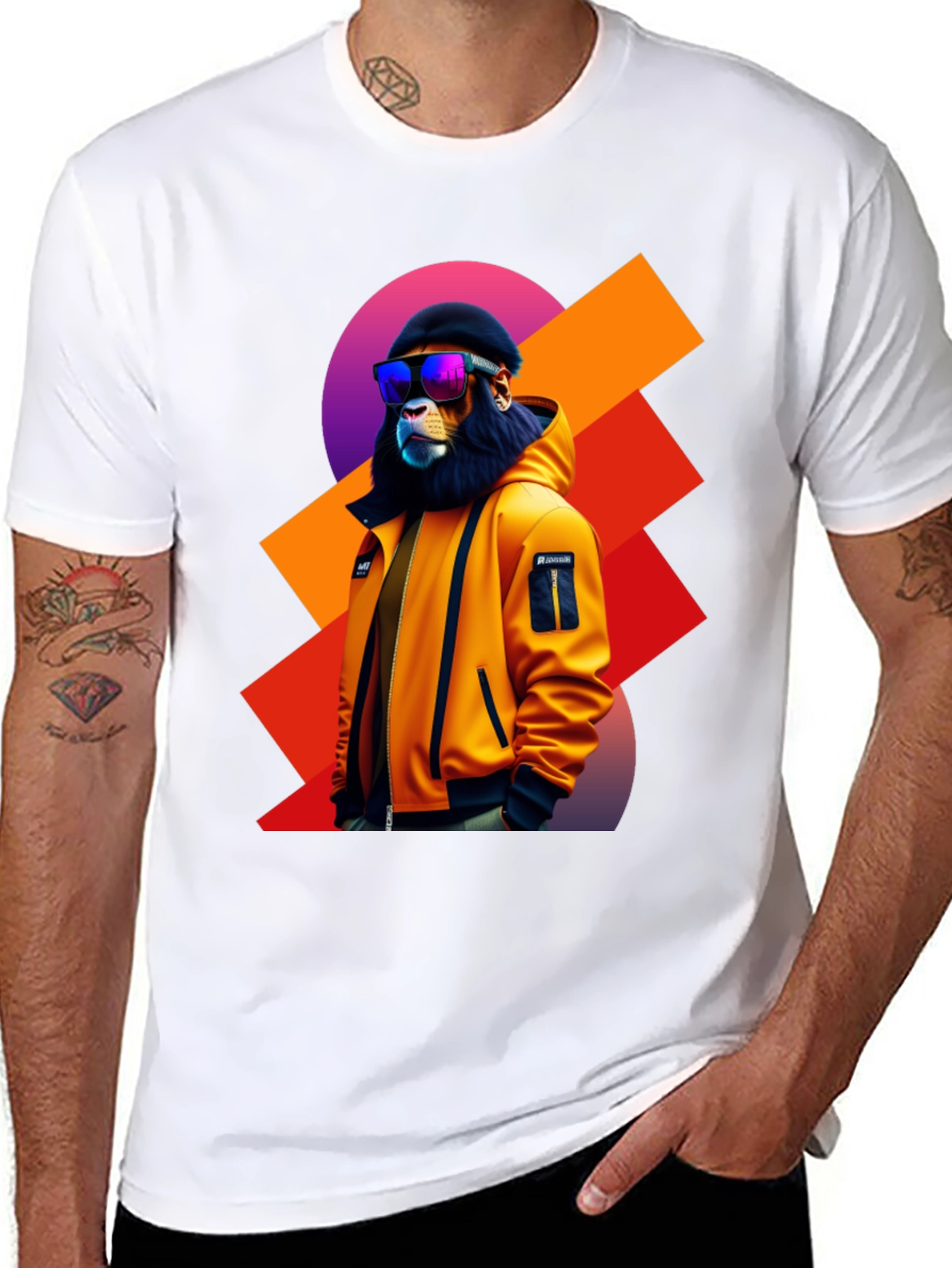 Camiseta Negra con León Urbano y Gafas de Sol