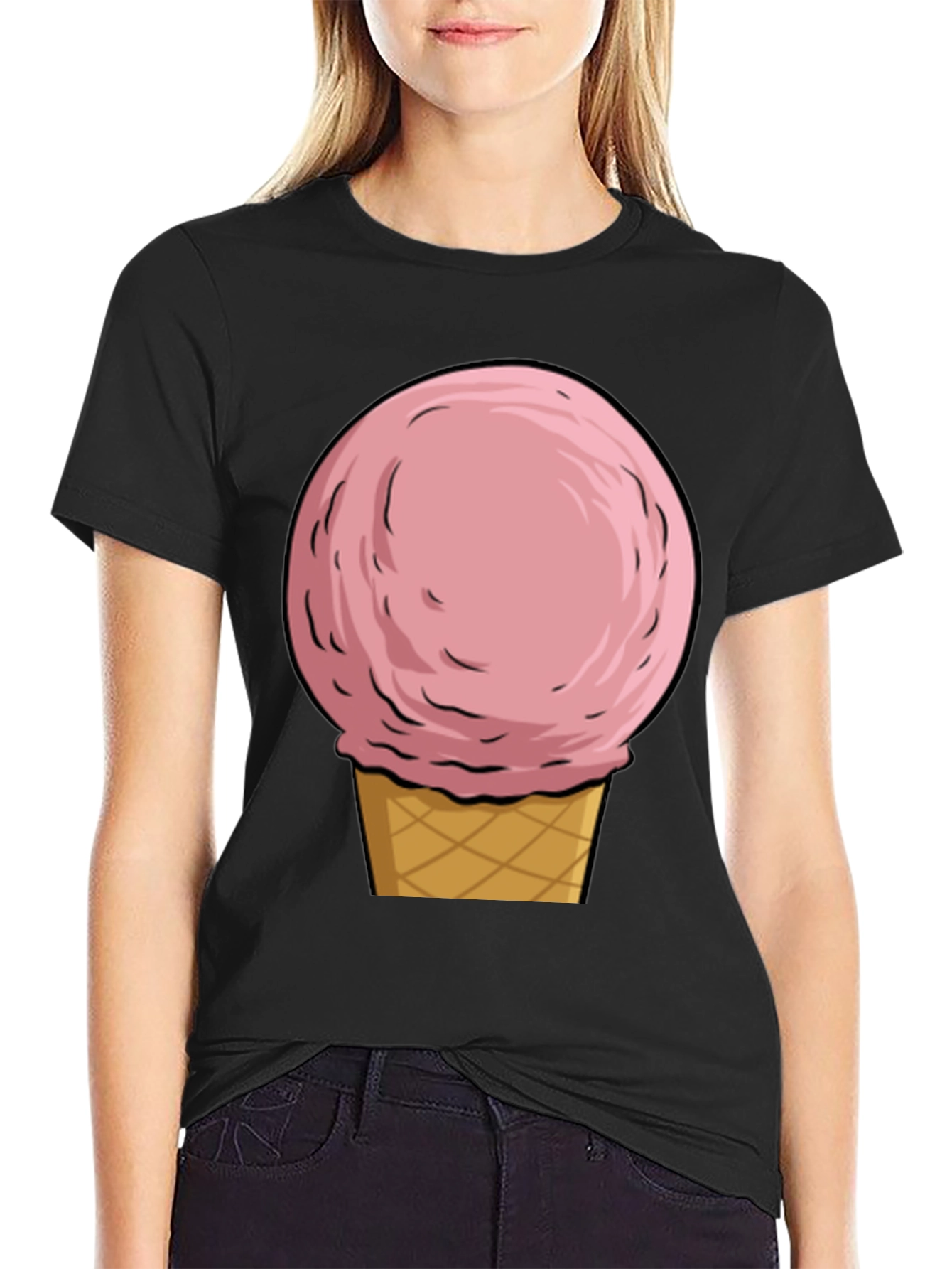 Camiseta Negra con Diseño de Helado Rosa
