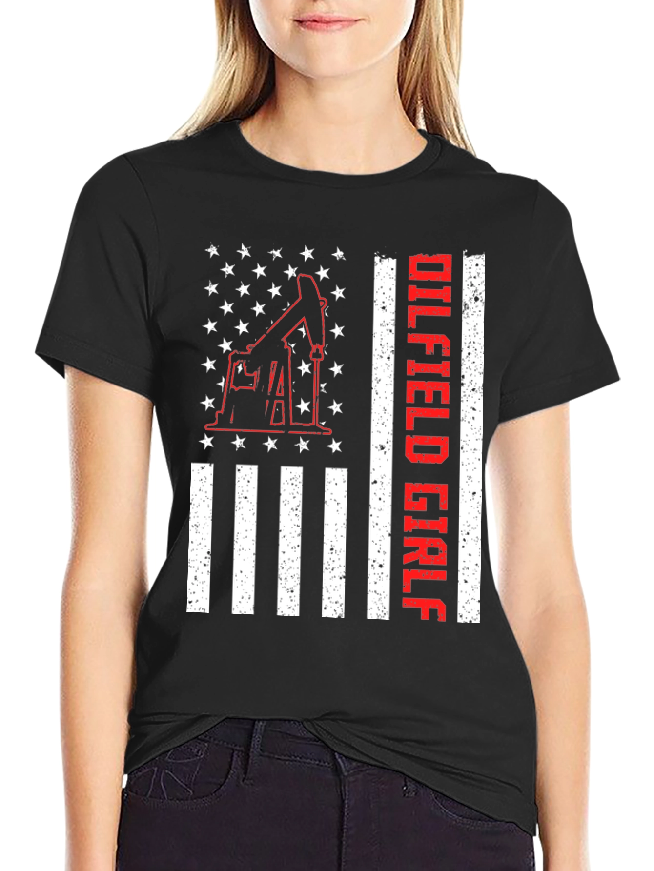 Camiseta Negra Oilfield Girl con Diseño Americano