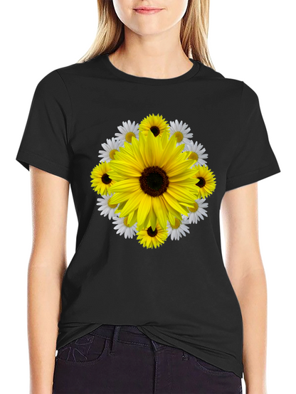 Camiseta Negra con Diseño Floral Girasol
