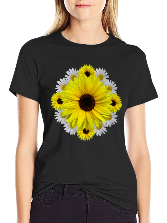 Camiseta Negra con Diseño Floral Girasol