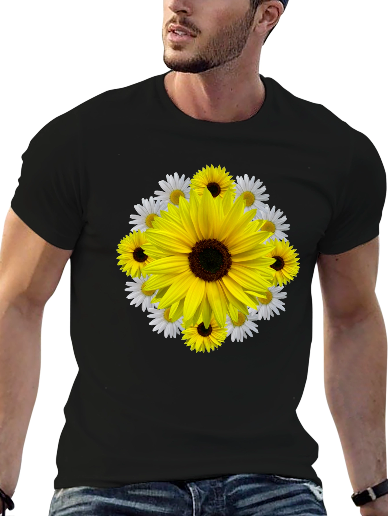 Camiseta Negra con Diseño Floral Girasol