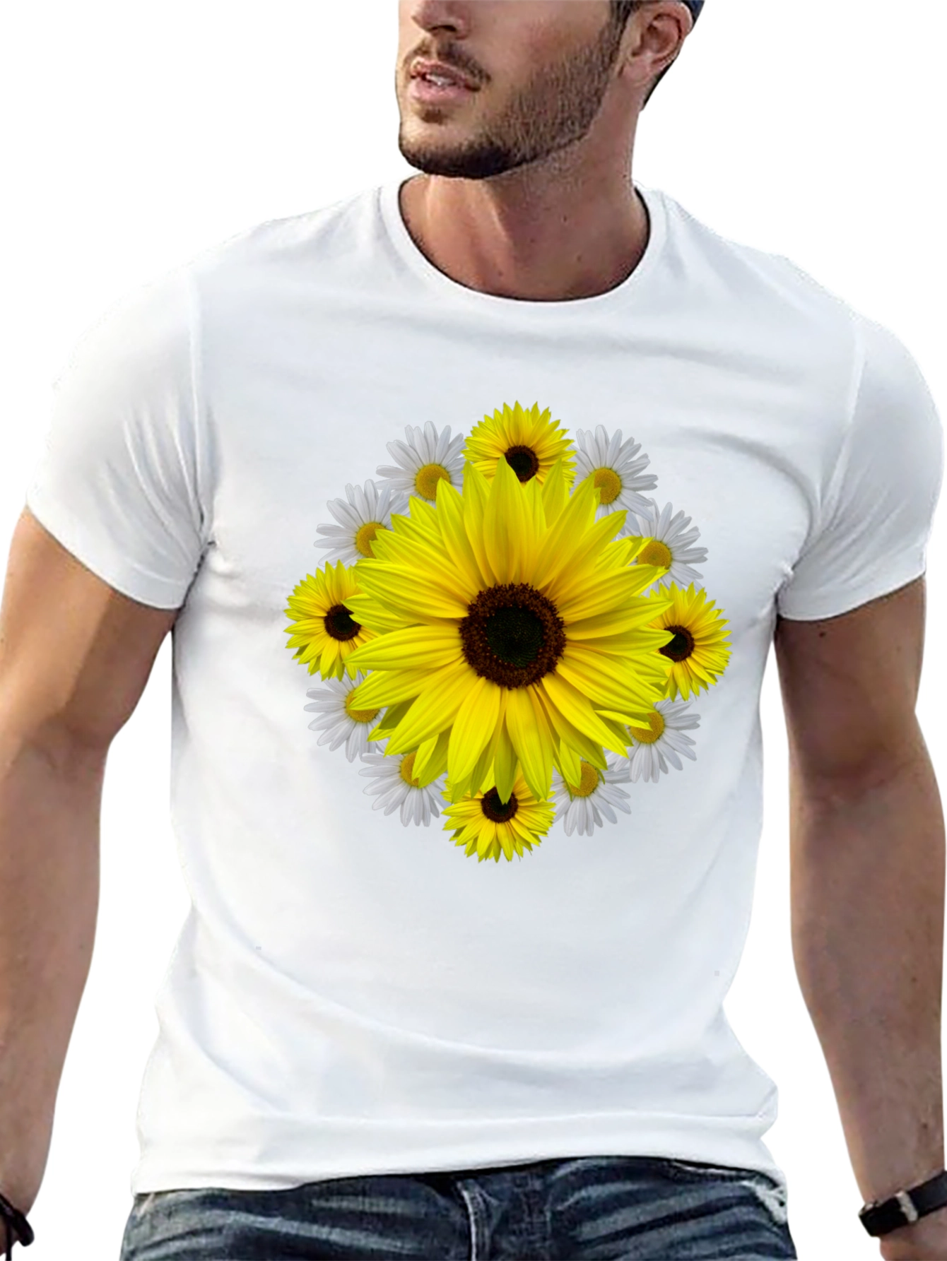 Camiseta Negra con Diseño Floral Girasol
