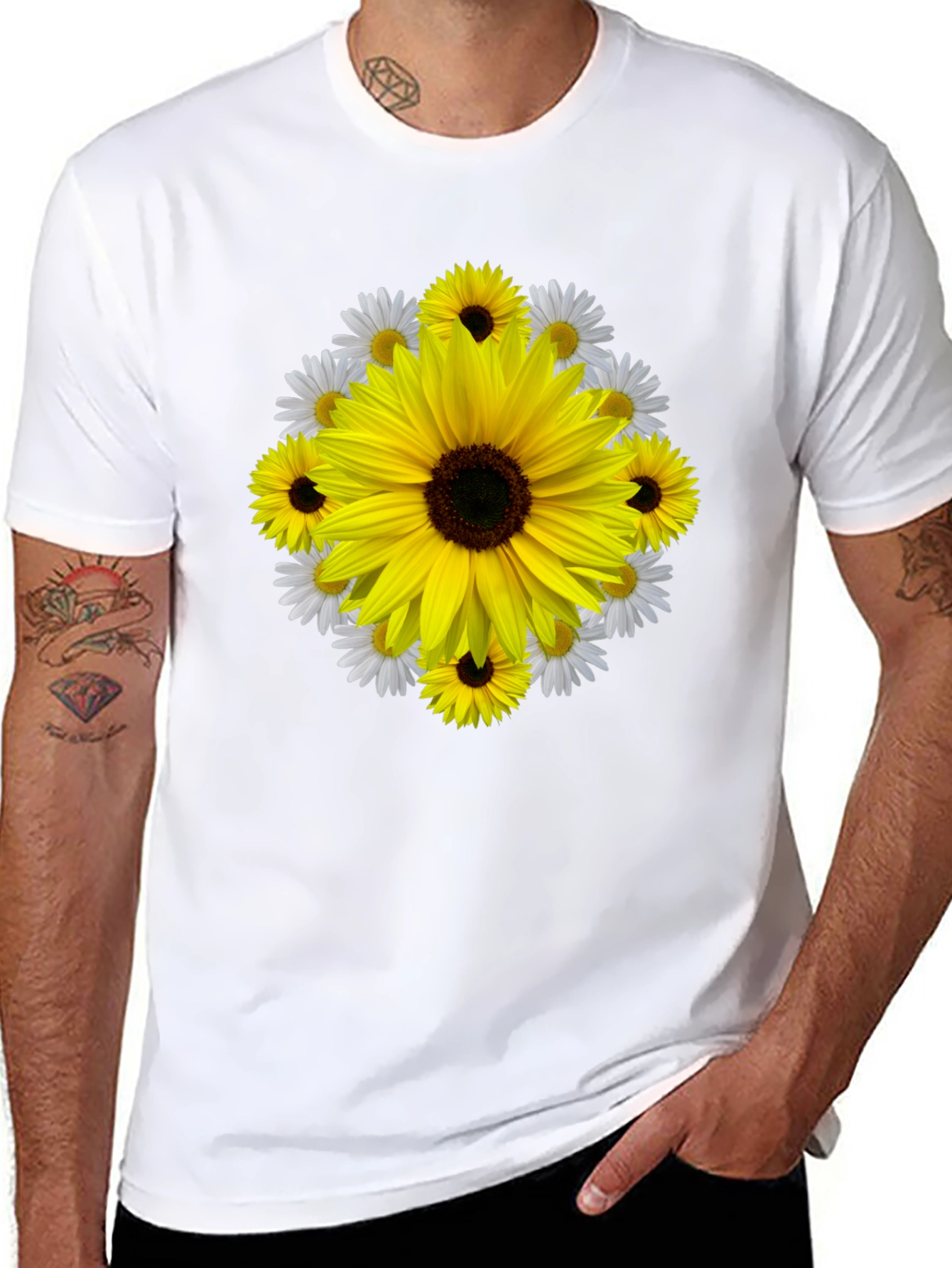 Camiseta Negra con Diseño Floral Girasol