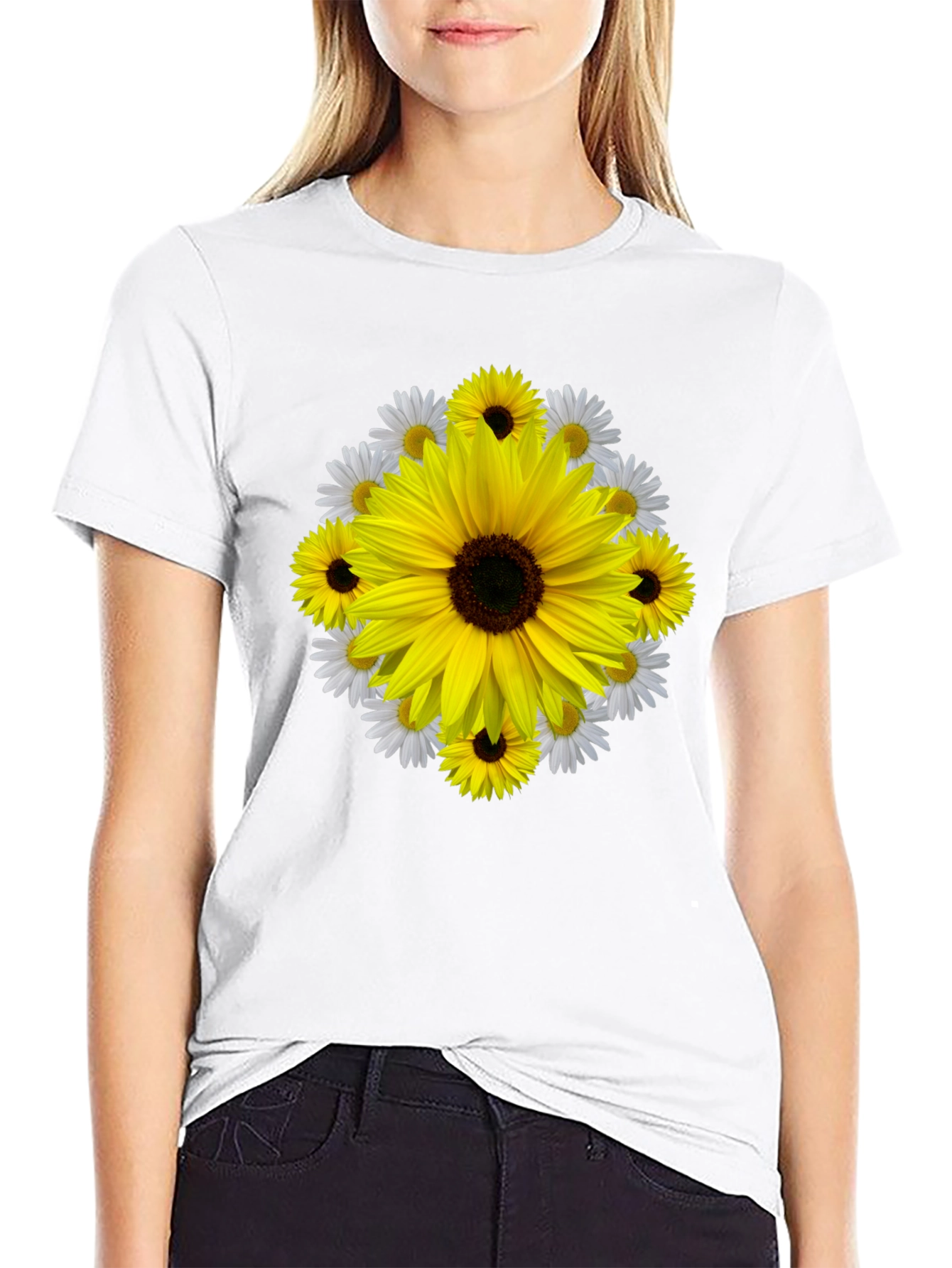 Camiseta Negra con Diseño Floral Girasol