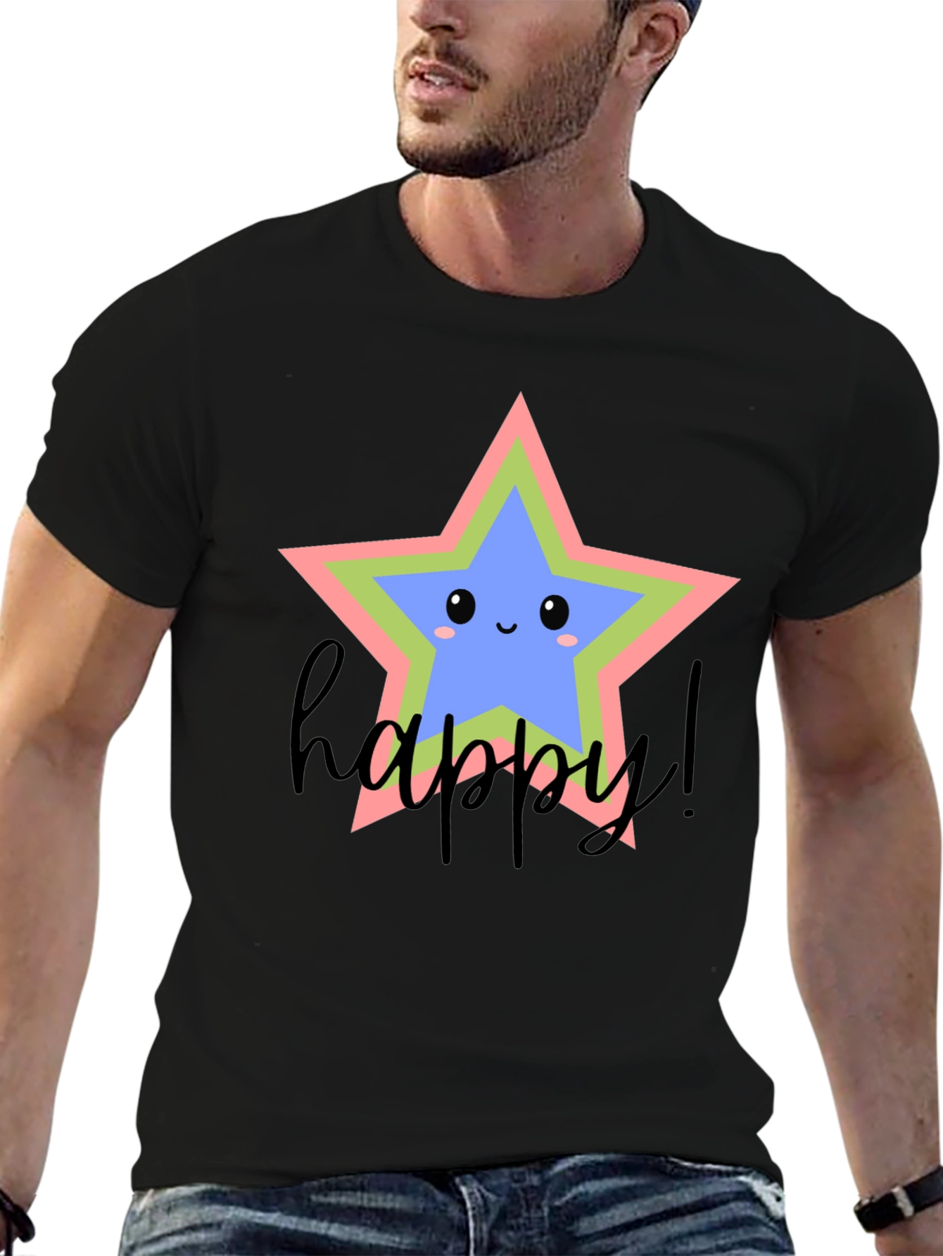 Camiseta Negra con Diseño de Estrella Feliz