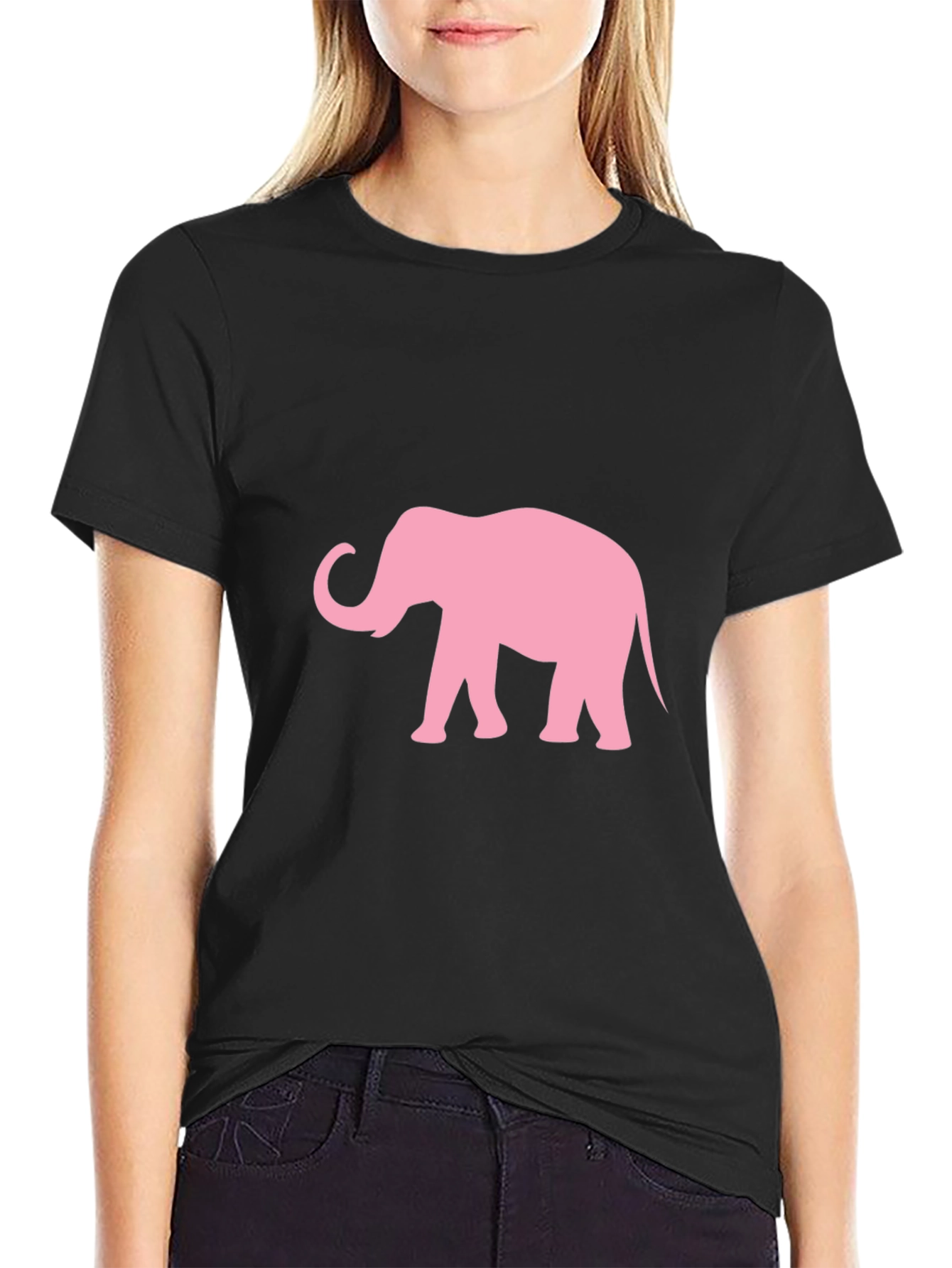 Camiseta Negra con Estampado de Elefante Rosa
