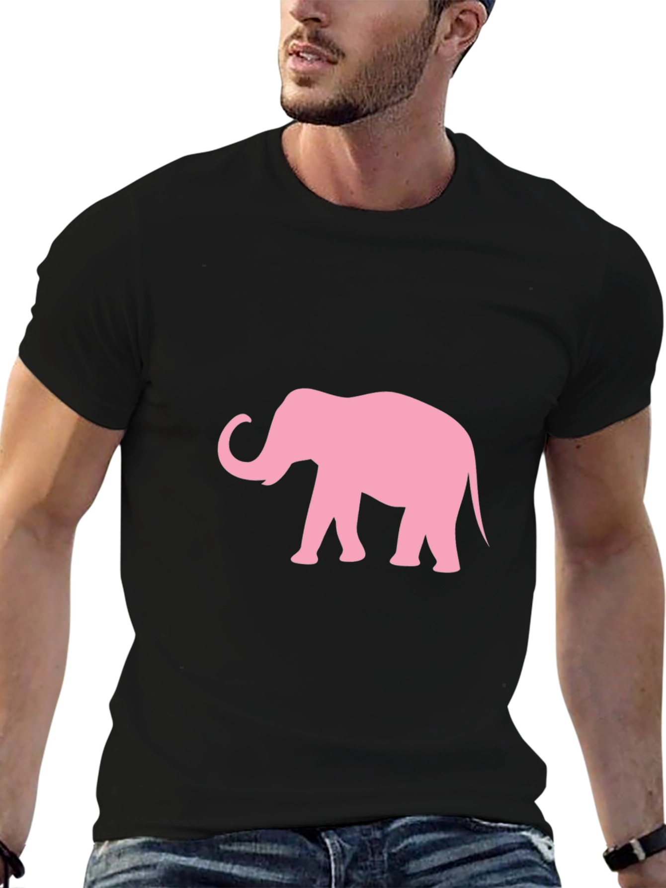 Camiseta Negra con Estampado de Elefante Rosa