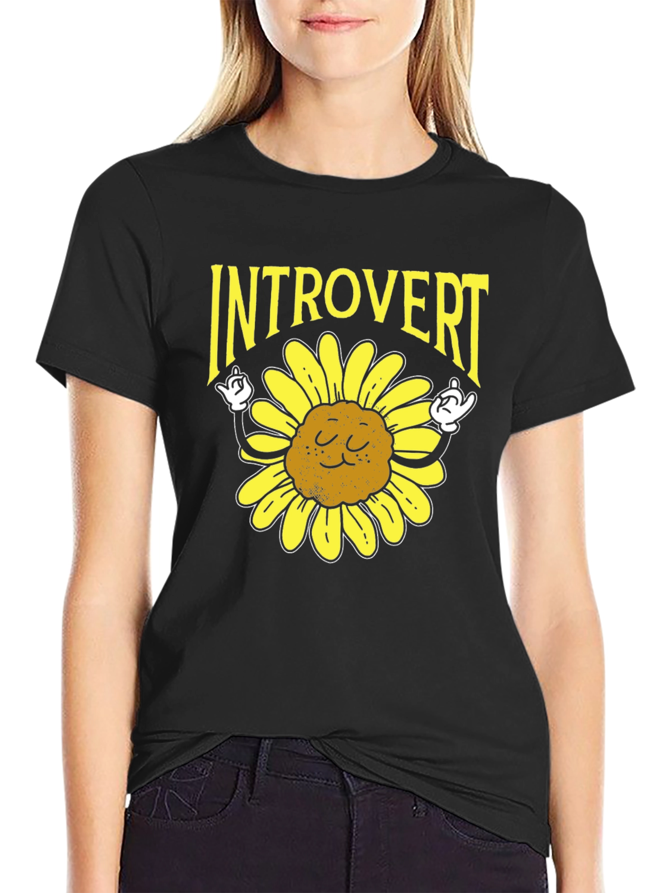 Camiseta Negra Introvertido Girasol Divertido