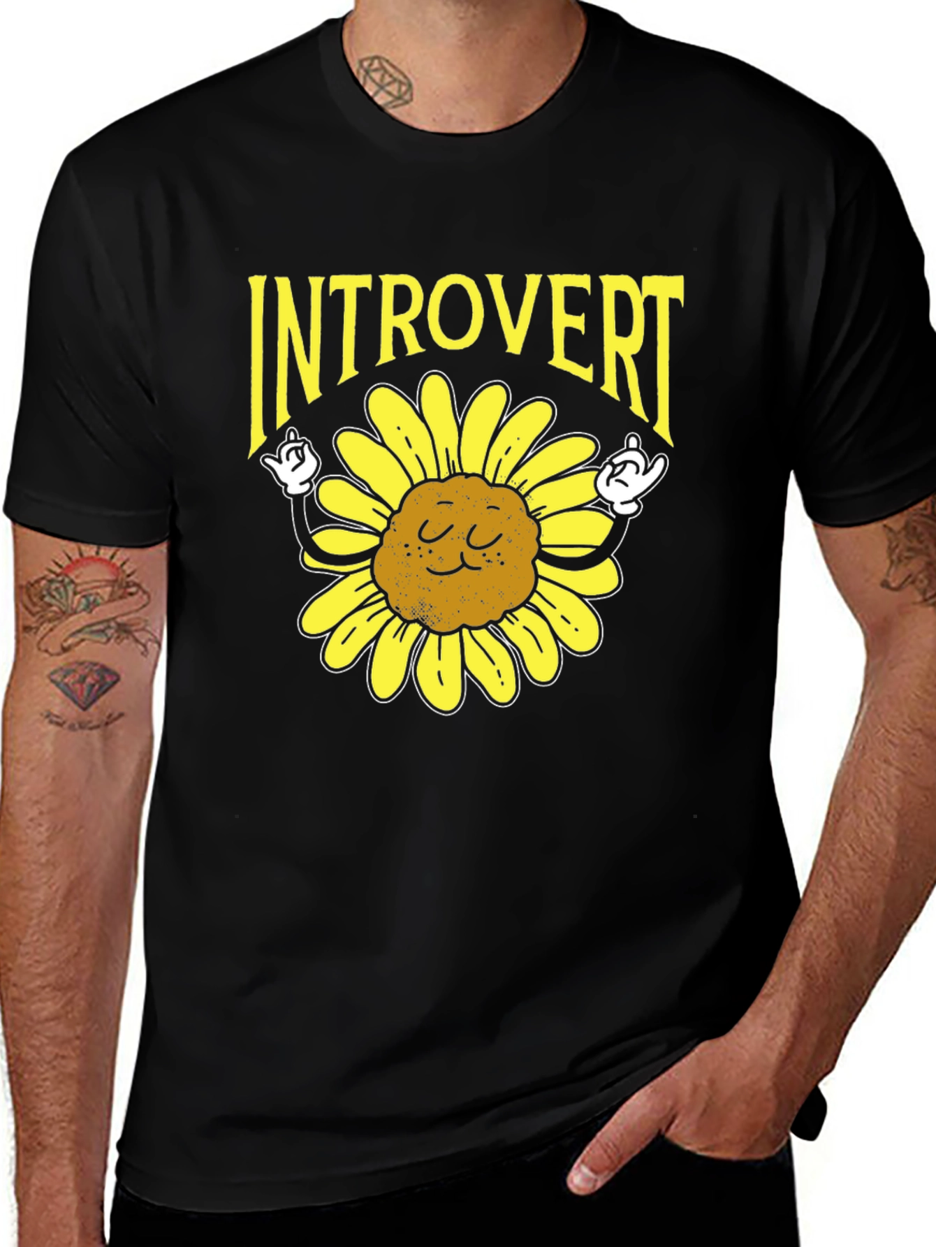 Camiseta Negra Introvertido Girasol Divertido
