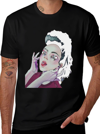 Camiseta Negra con Diseño Artístico de Mujer