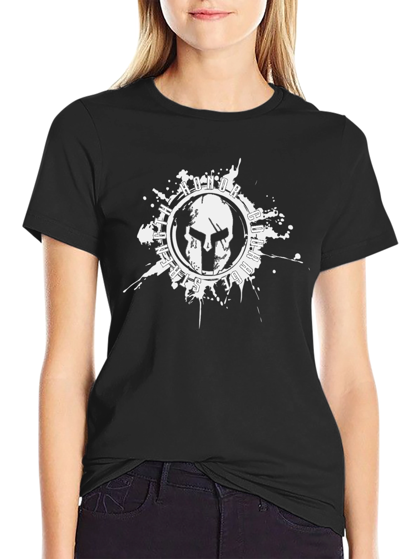 Camiseta Negra con Diseño de Casco Espartano
