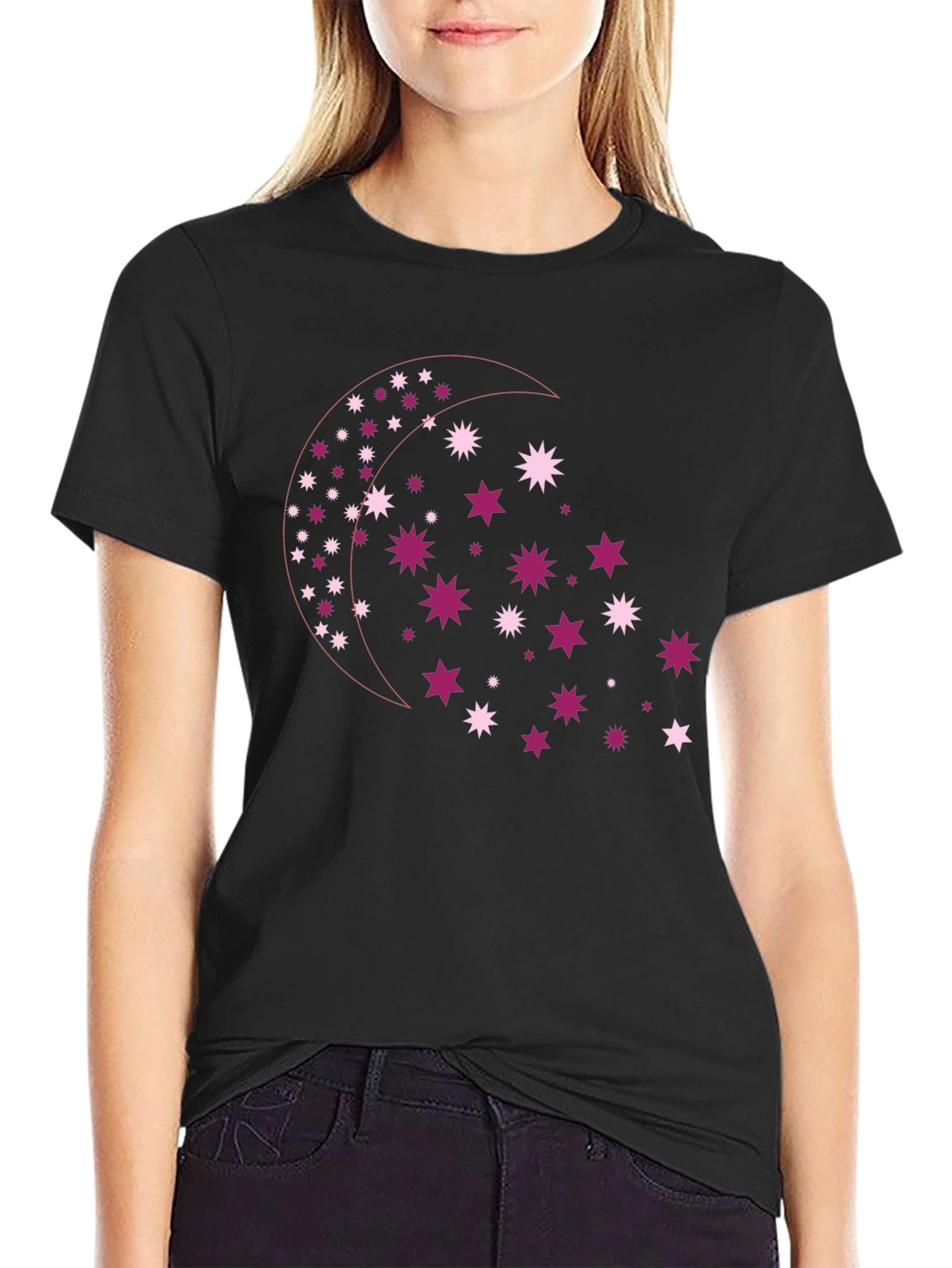 Camiseta Negra con Diseño de Luna y Estrellas