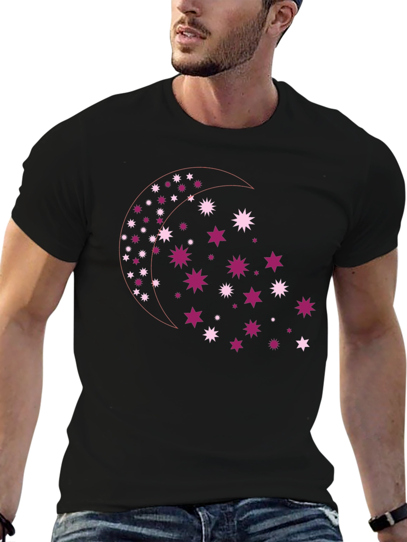 Camiseta Negra con Diseño de Luna y Estrellas