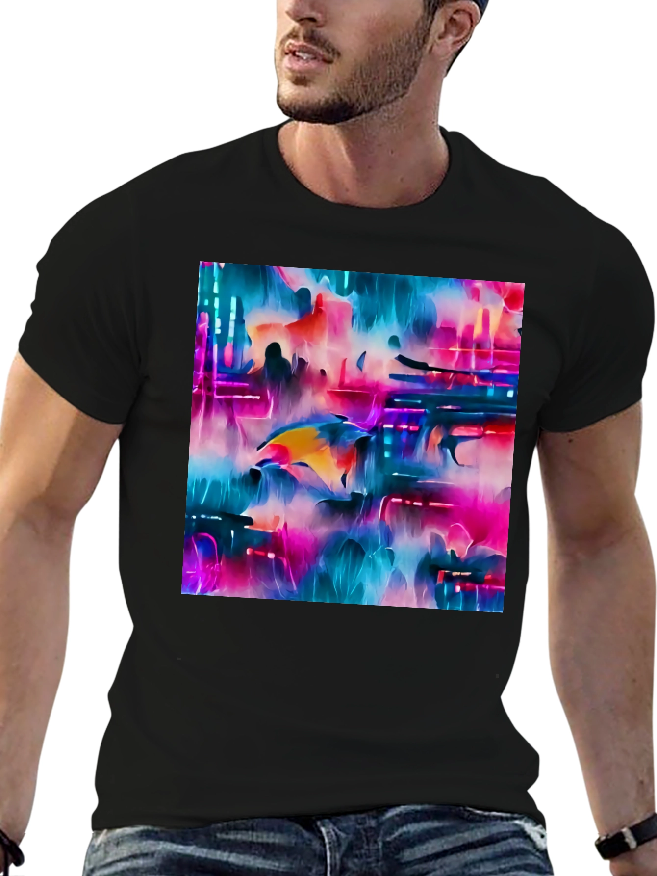 Camiseta Negra con Diseño Abstracto Neón