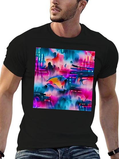 Camiseta Negra con Diseño Abstracto Neón