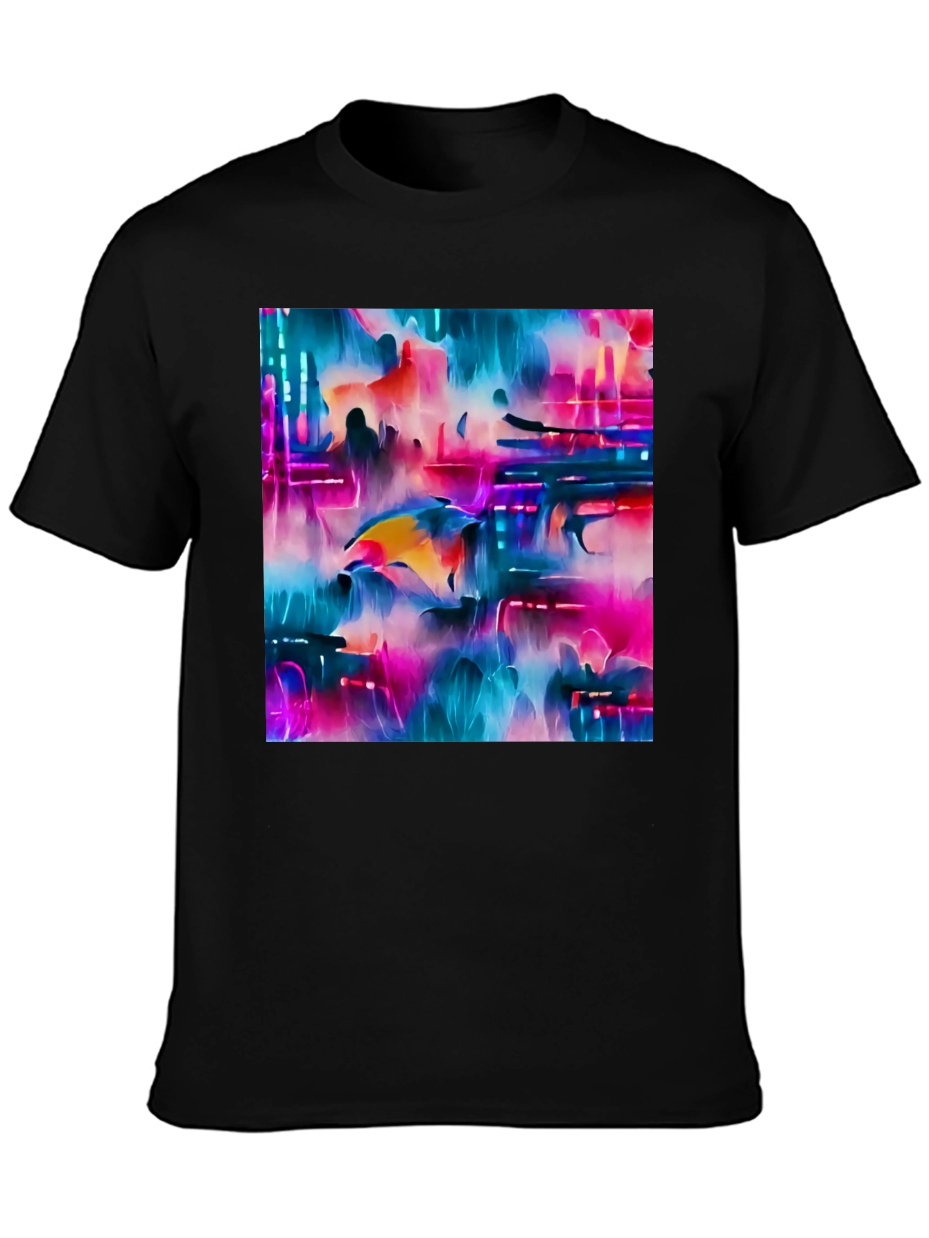 Camiseta Negra con Diseño Abstracto Neón