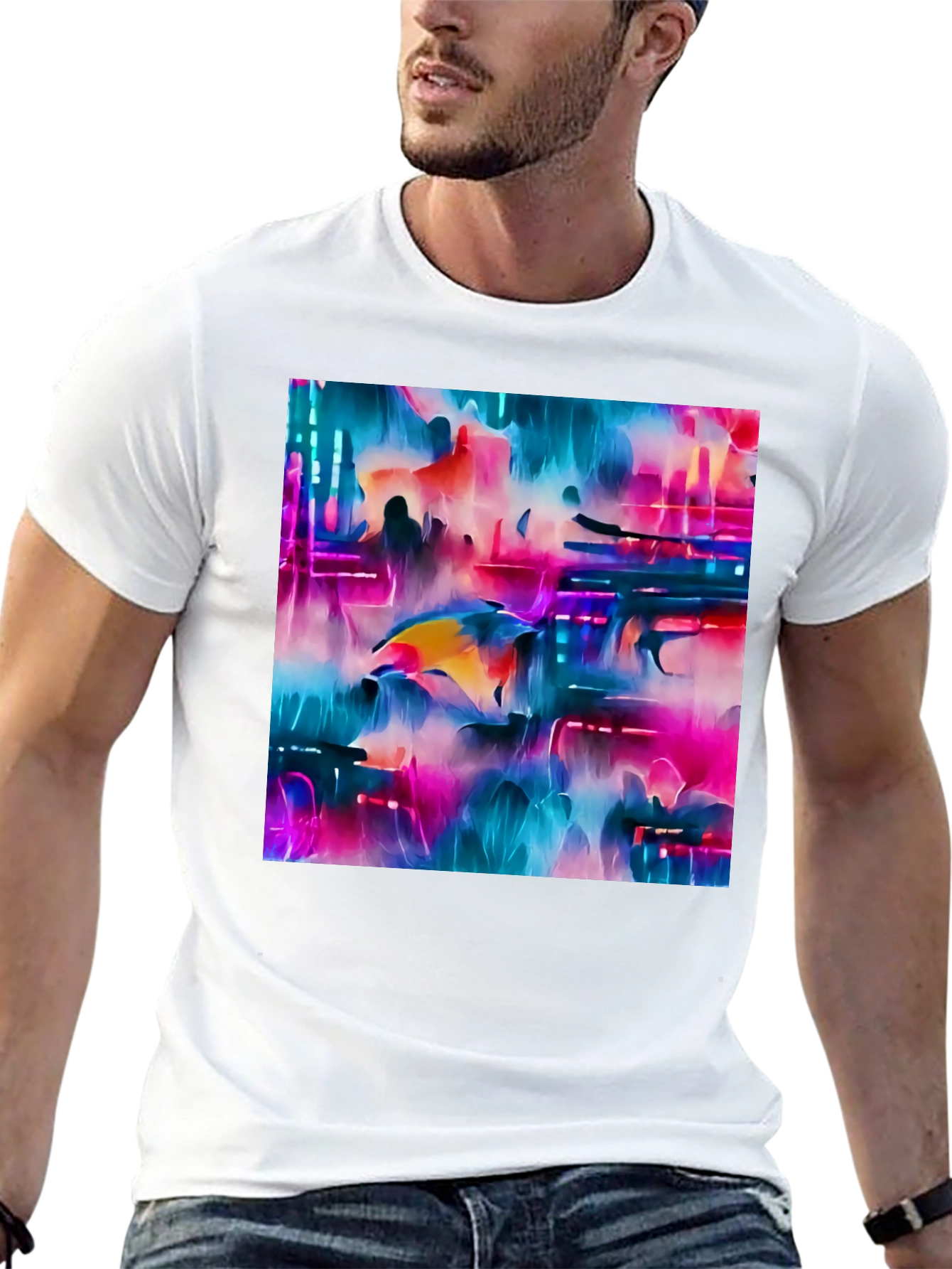 Camiseta Negra con Diseño Abstracto Neón