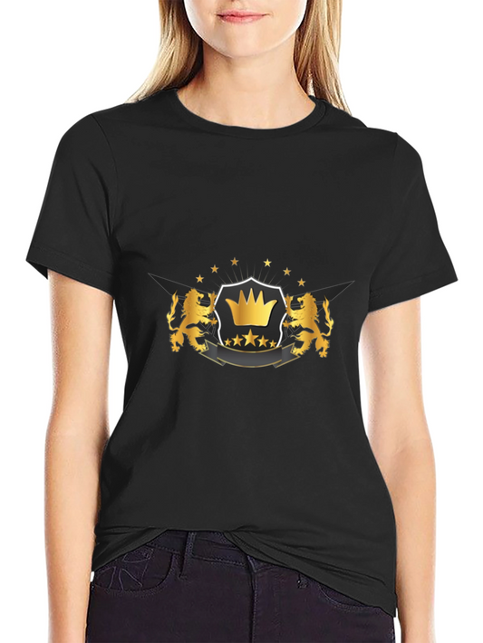 Camiseta Negra Estampada con Corona Dorada y Leones