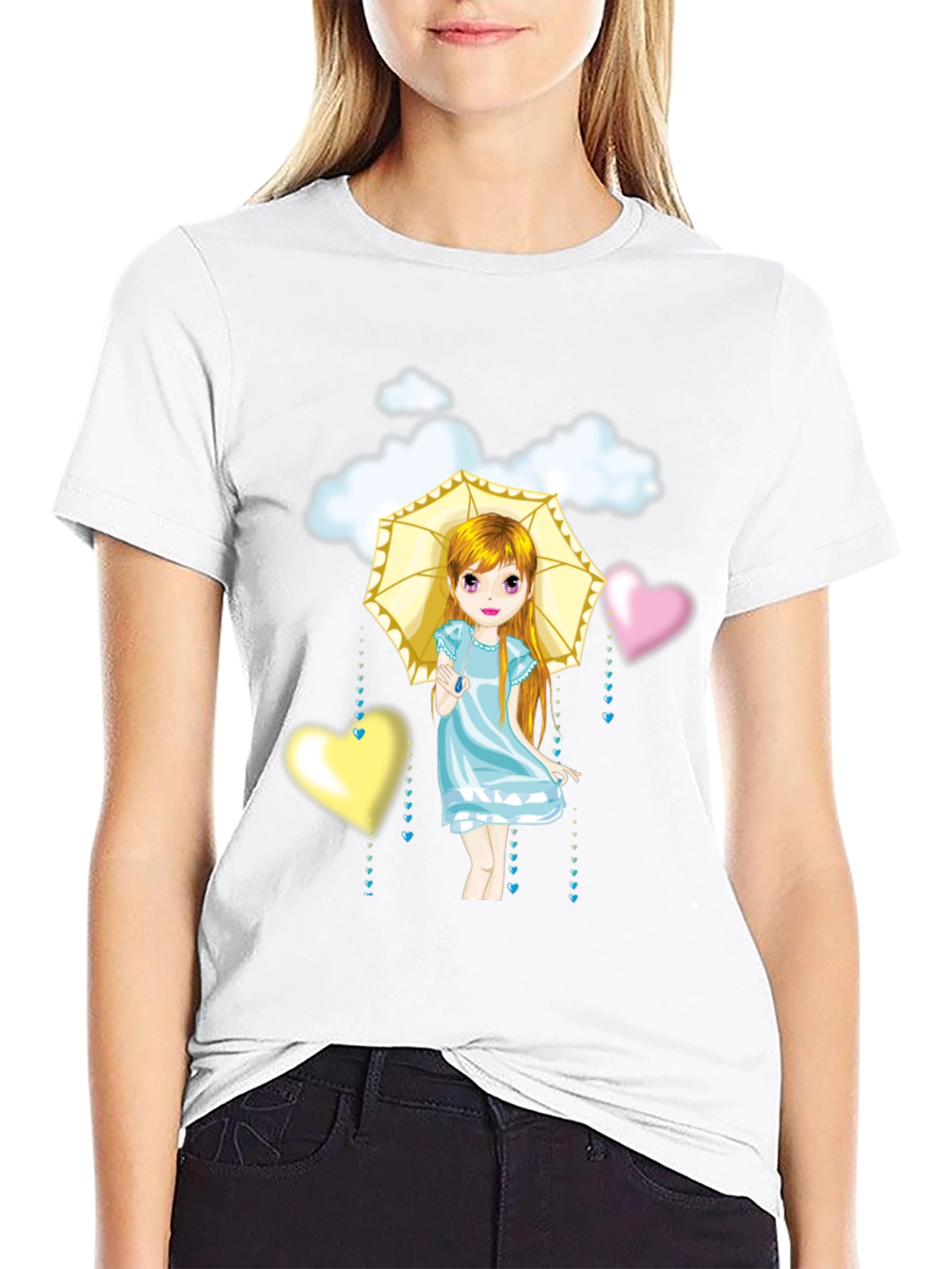 Camiseta Negra con Diseño de Niña con Paraguas