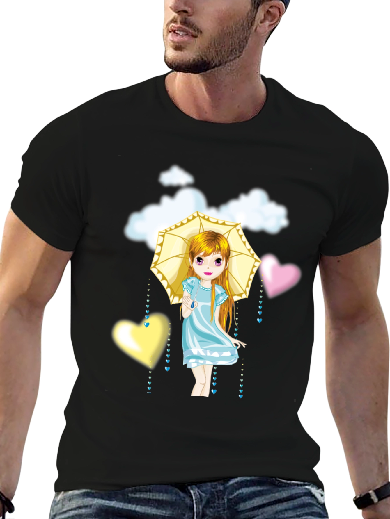 Camiseta Negra con Diseño de Niña con Paraguas