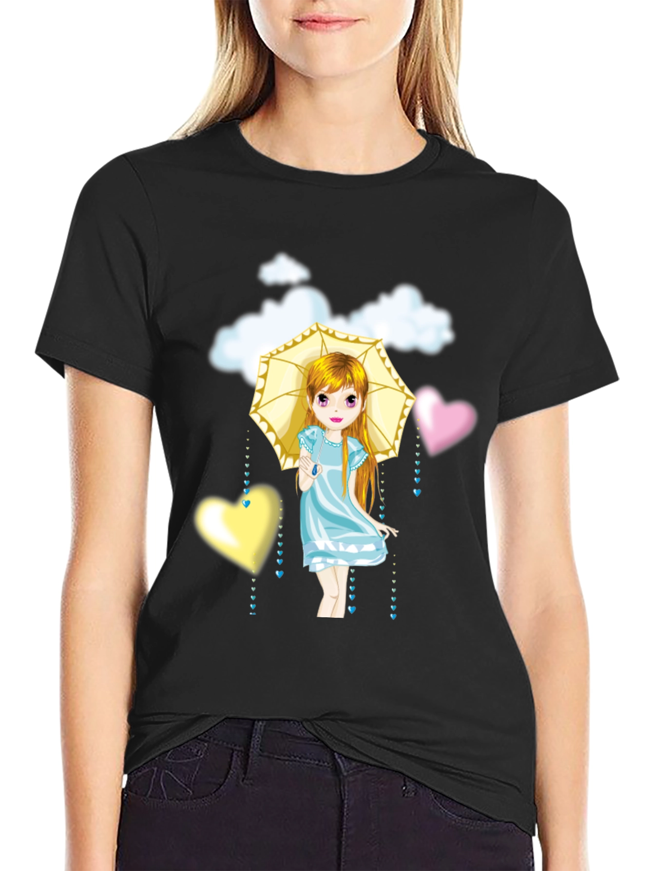 Camiseta Negra con Diseño de Niña con Paraguas