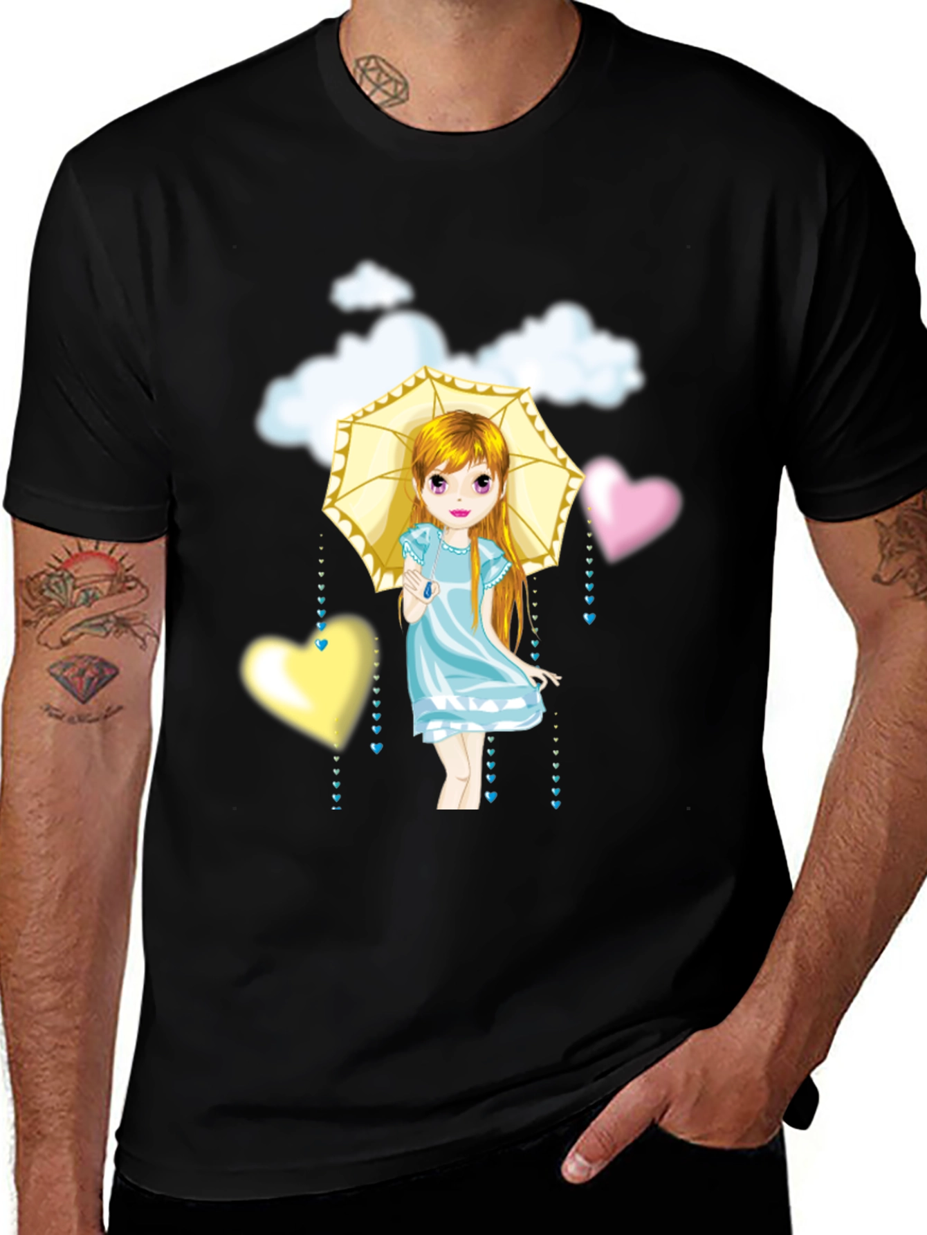 Camiseta Negra con Diseño de Niña con Paraguas