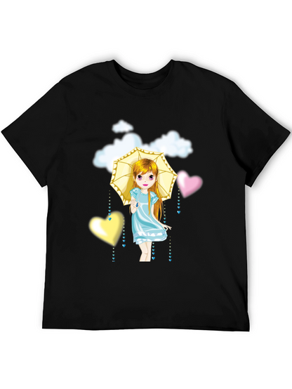 Camiseta Negra con Diseño de Niña con Paraguas