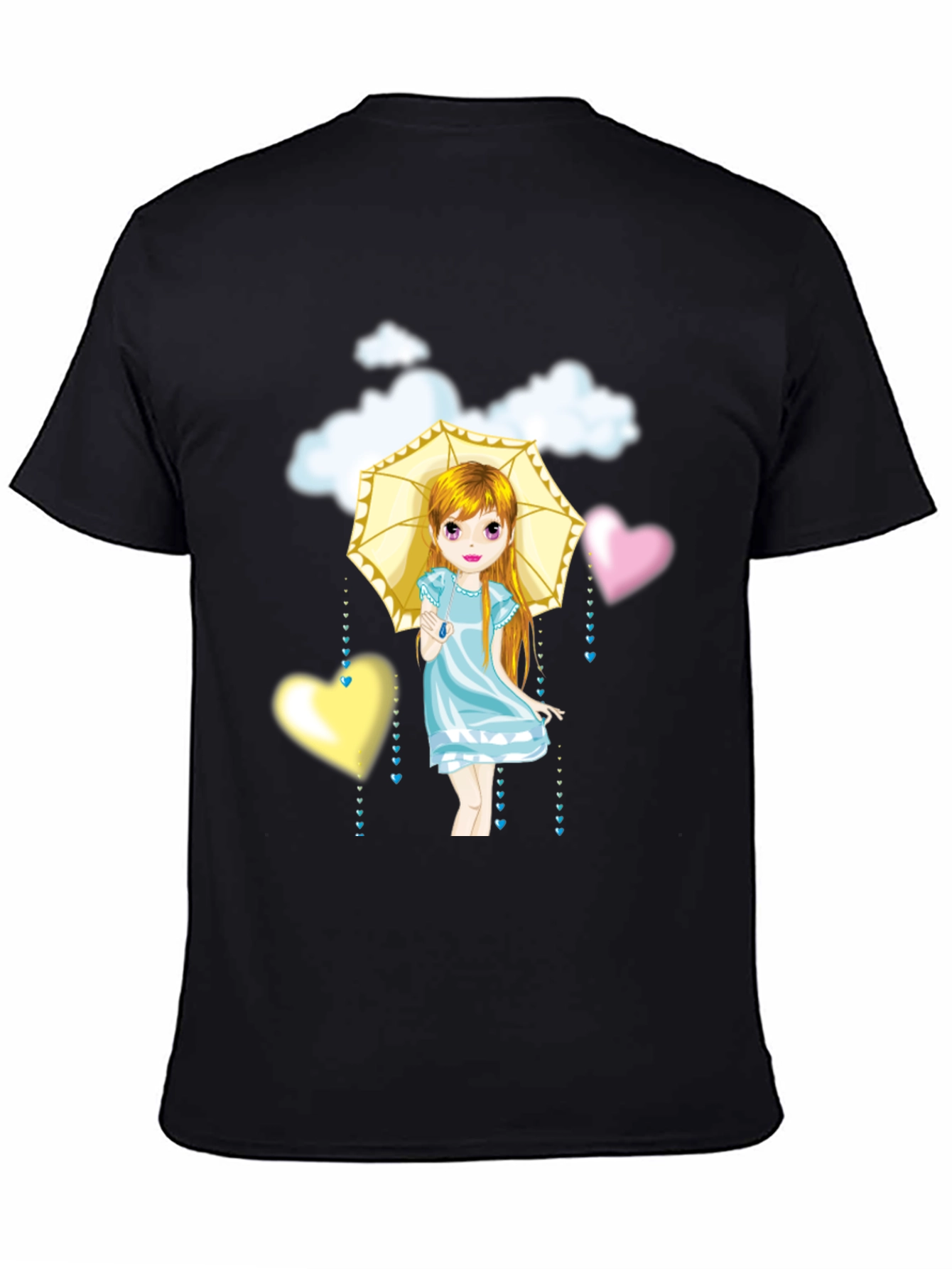 Camiseta Negra con Diseño de Niña con Paraguas