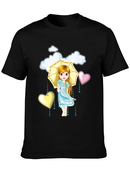 Camiseta Negra con Diseño de Niña con Paraguas