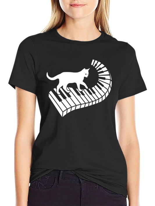 Camiseta Negra con Diseño de Gato y Piano