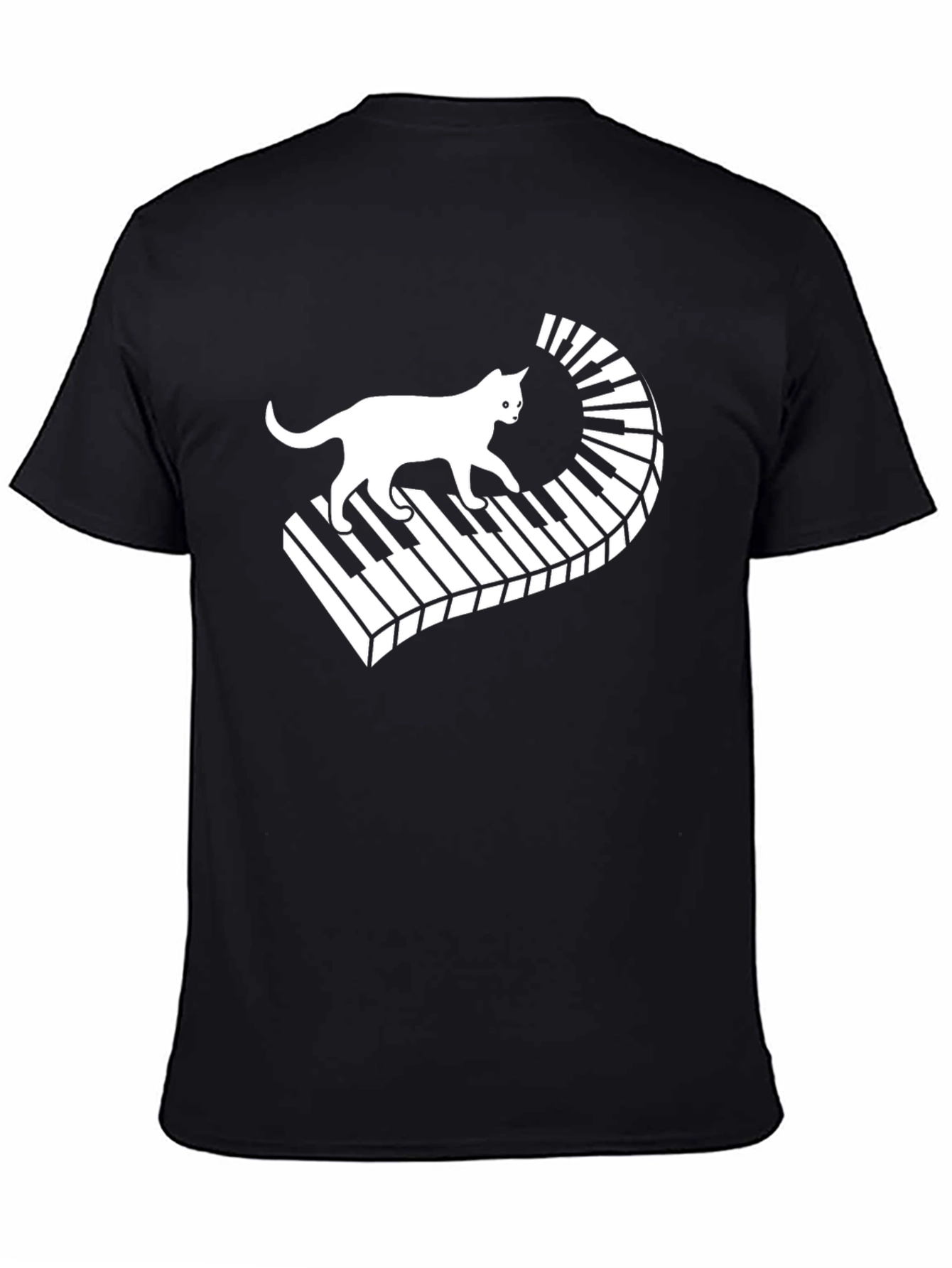 Camiseta Negra con Diseño de Gato y Piano